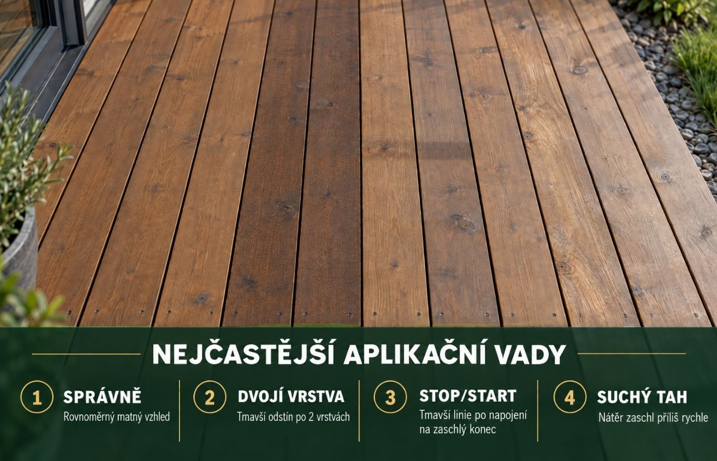 Překryv, stopa po zastavení a rychlé zasychání nátěru na terase